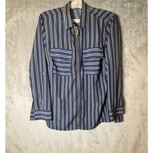 Michael Kors Zip Front Blouse Womens M Blue White Stripe Utility Shirt Gold Zip